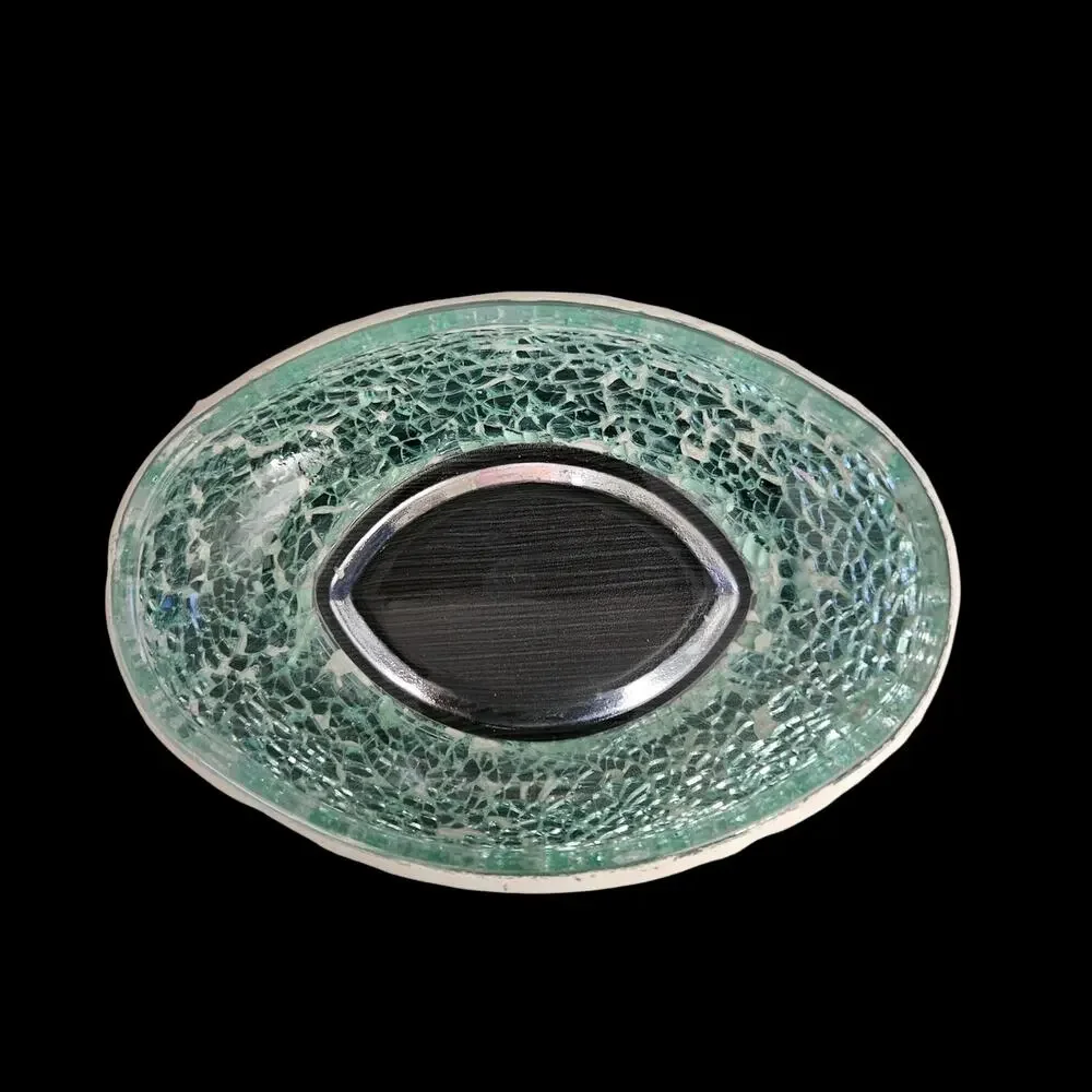 Vintage Green Crackle Mosaic Art Glass Oval Console Bowl Centerpiece